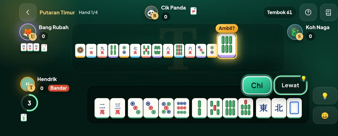 Mabar: meja mahjong online, tampilan landscape, dengan tombol Chi dan Lewat