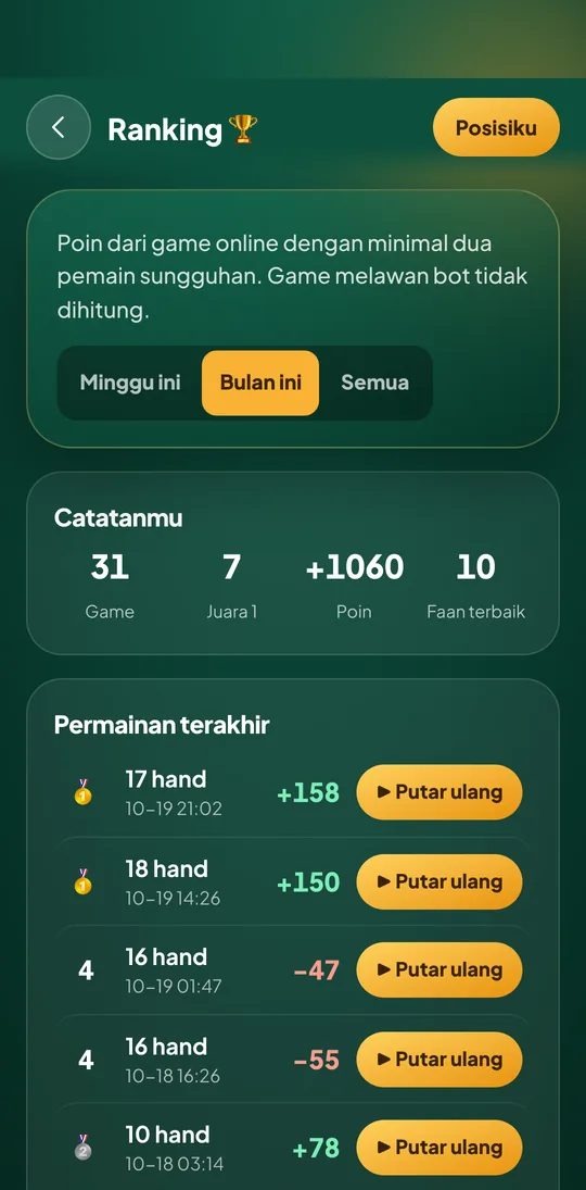 Ranking Mabar dan daftar game terakhir dengan tombol putar ulang