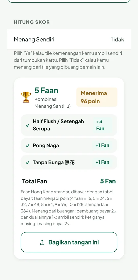AI Scan Tile: skor dihitung otomatis, 5 faan dan rincian pola