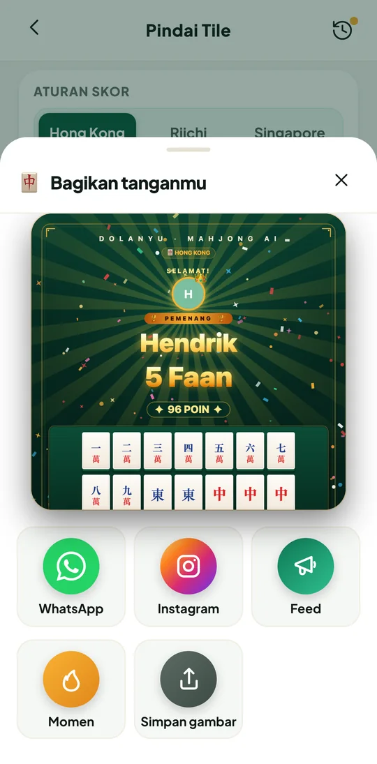 Bagikan tangan menang ke WhatsApp, Instagram, Feed dan Momen